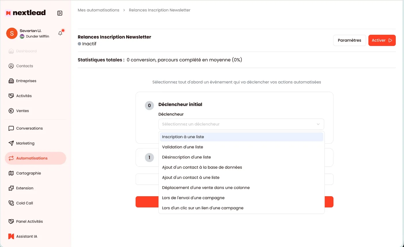 Création d'une automatisation dans NextLead : choix du déclencheur initial