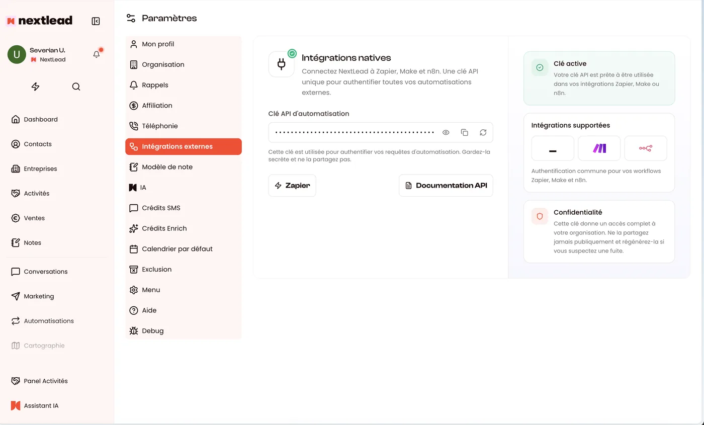 Intégrations & clé API NextLead